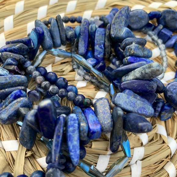 Natural Dark Blue Lapis Lazuli & Sodalite Gemstone Mixed Bead Bracelet Stack - Picture 3 of 12